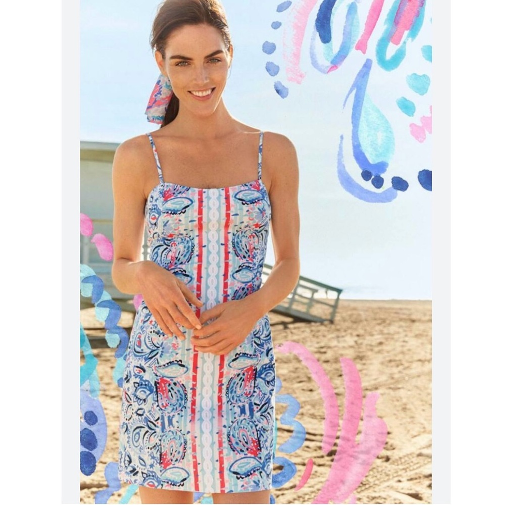 Lilly Pulitzer Shelli stretch dress in white stripes and streamers, size 6